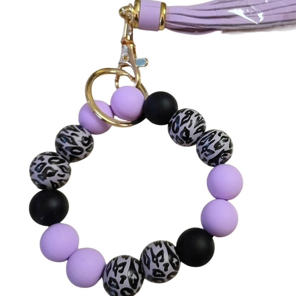 Leopard Print‎ Silicone Bead Wristlet Keychain with Lavender Tassel Gold Tone